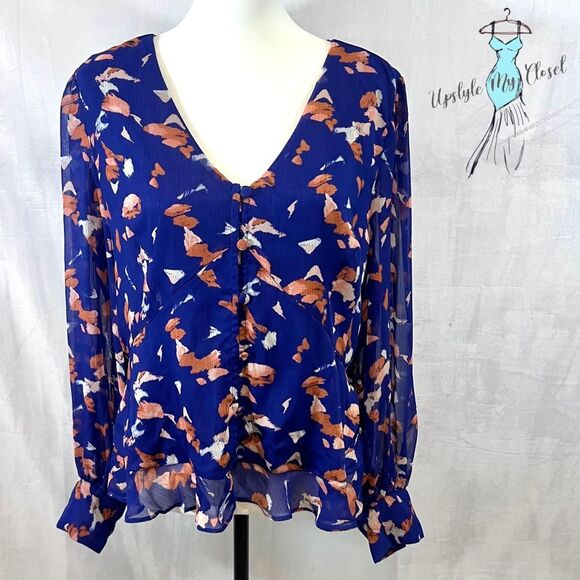 Nine West long sleeve abstract print chiffon peplum blouse top size XL - Picture 2 of 7